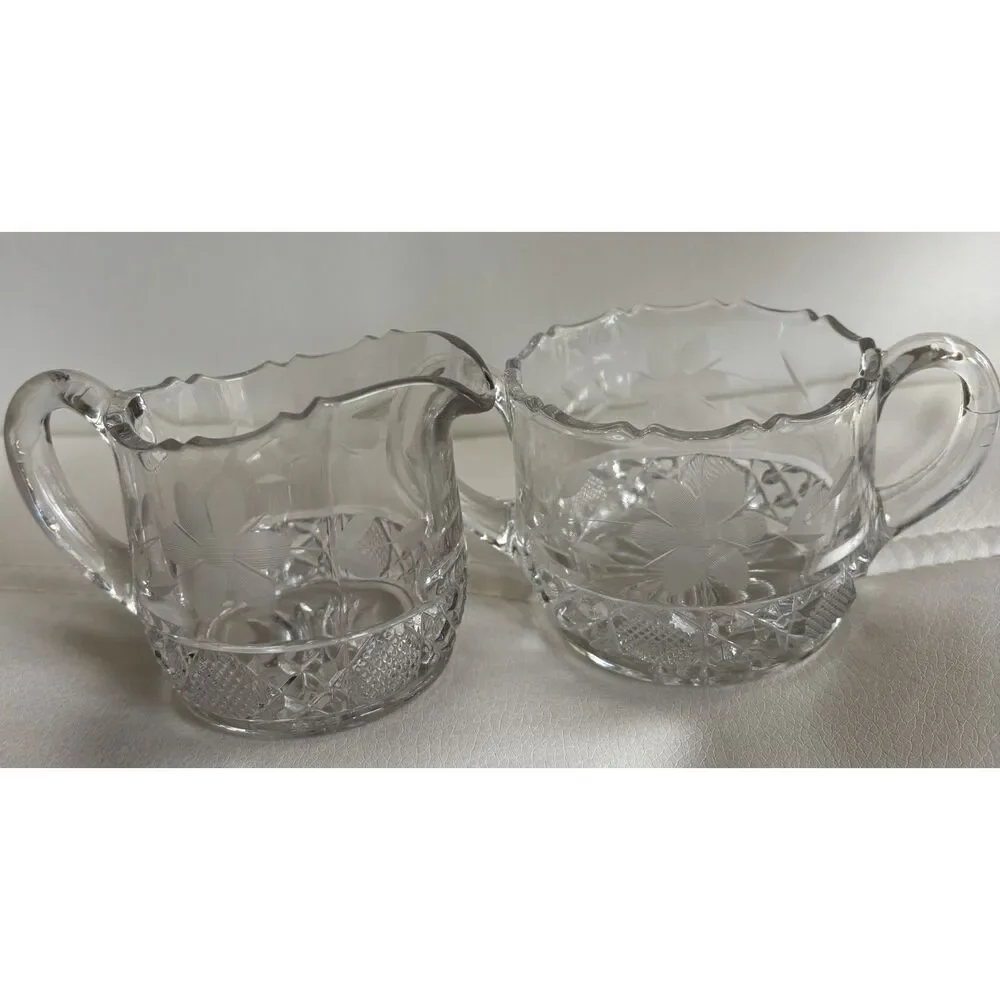 Vintage Etched Glass Creamer & Open Sugar Bowl Set Floral Cut Glass Cream Sugar